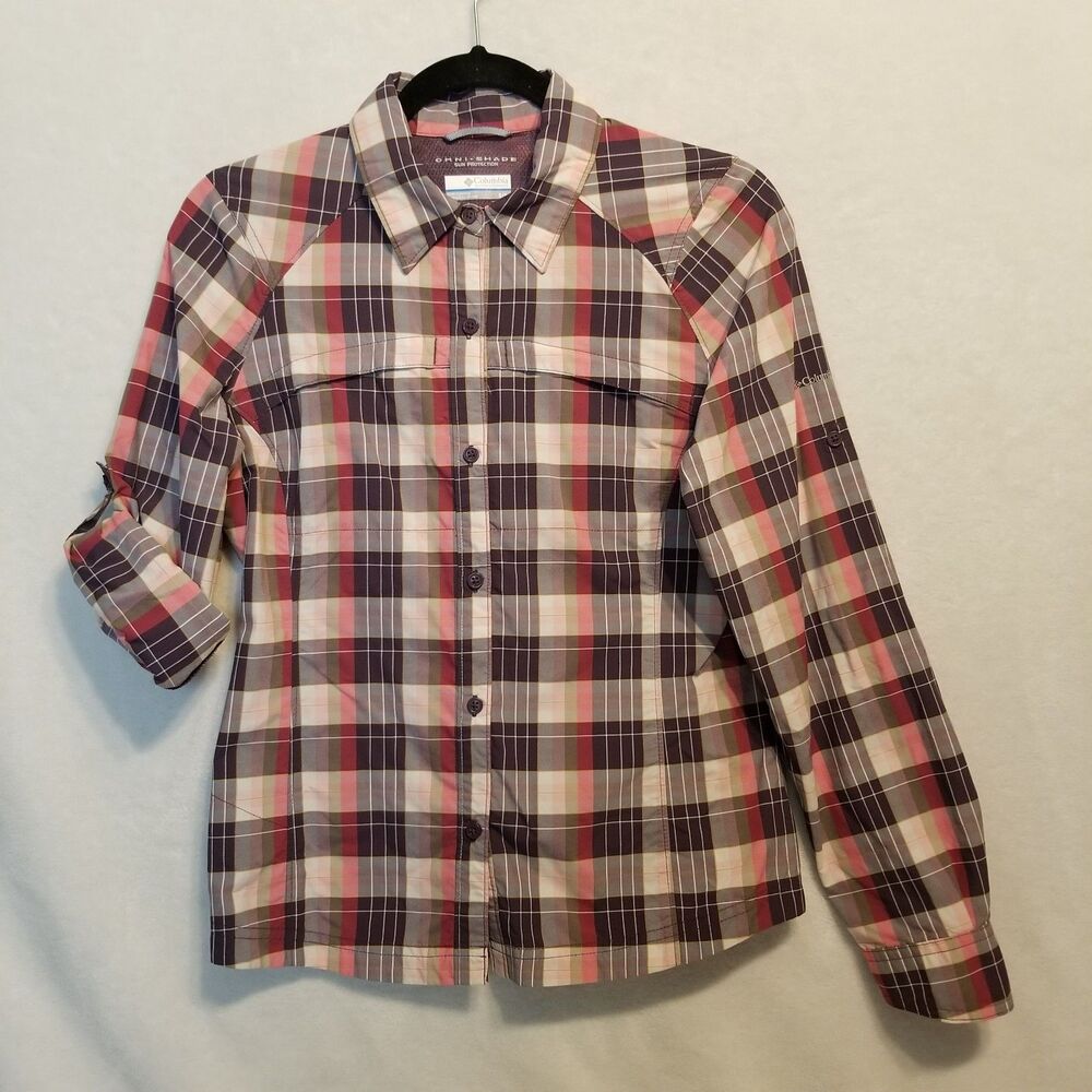 Columbia Small Top Button Front Pink Plaid Omnishade Nylon Gorpcore Fishing Camp